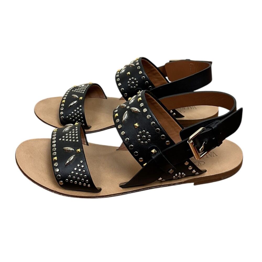 Valentino Garavani Black Suede Studded Flat Vacation Sandals Authentic Size 37.5 - Picture 3 of 12
